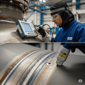 Inspector performing vessel weld quality inspection on pressure vessel seam using ultrasonic testing equipment