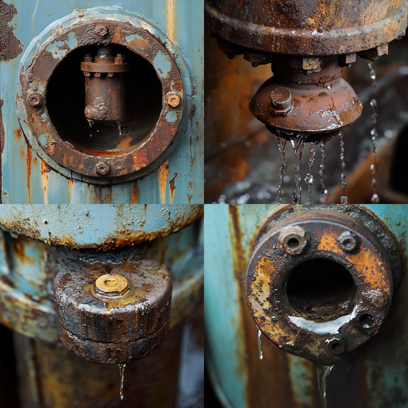 Diagram showing water leakage around an expansion vessel and safety valve, indicating a rupture or corrosion in the diaphragm.
