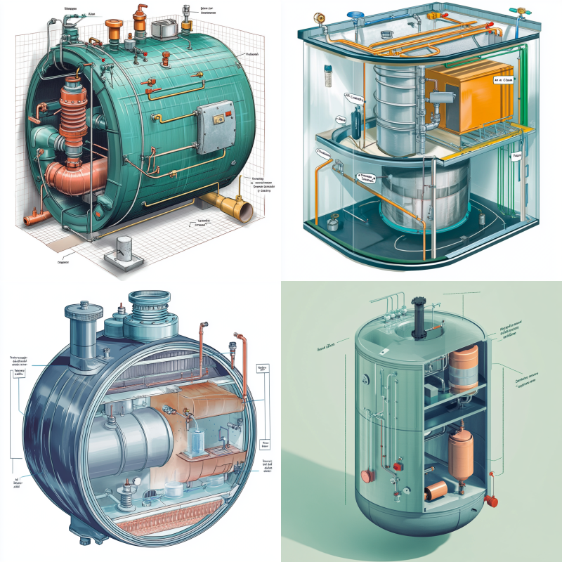 Diagram of an expansion vessel, showing water and air chambers separated by a diaphragm, explaining its role in regulating pressure in heating systems.