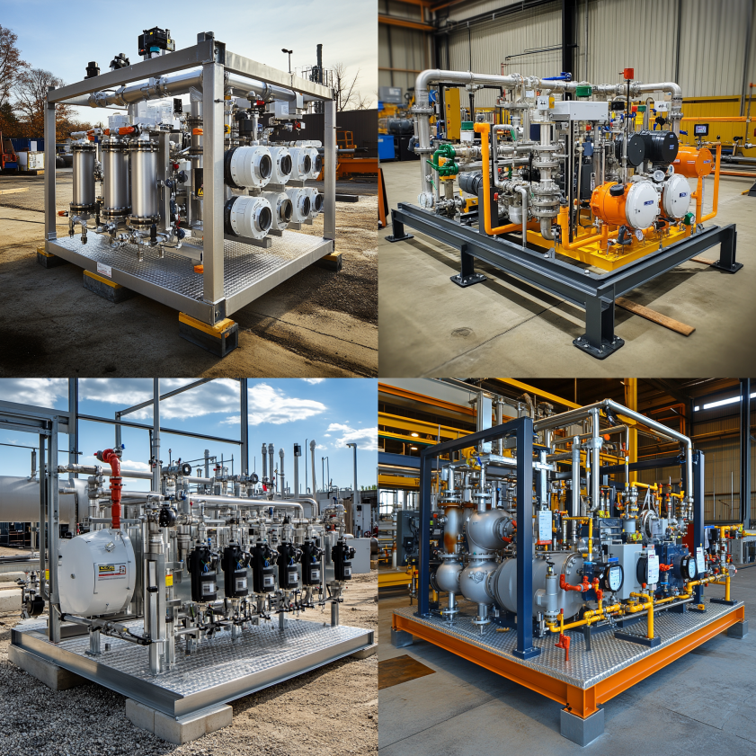 Industrial skid mounted system with pumps, pipes, and control panels on a steel frame ready for transport
