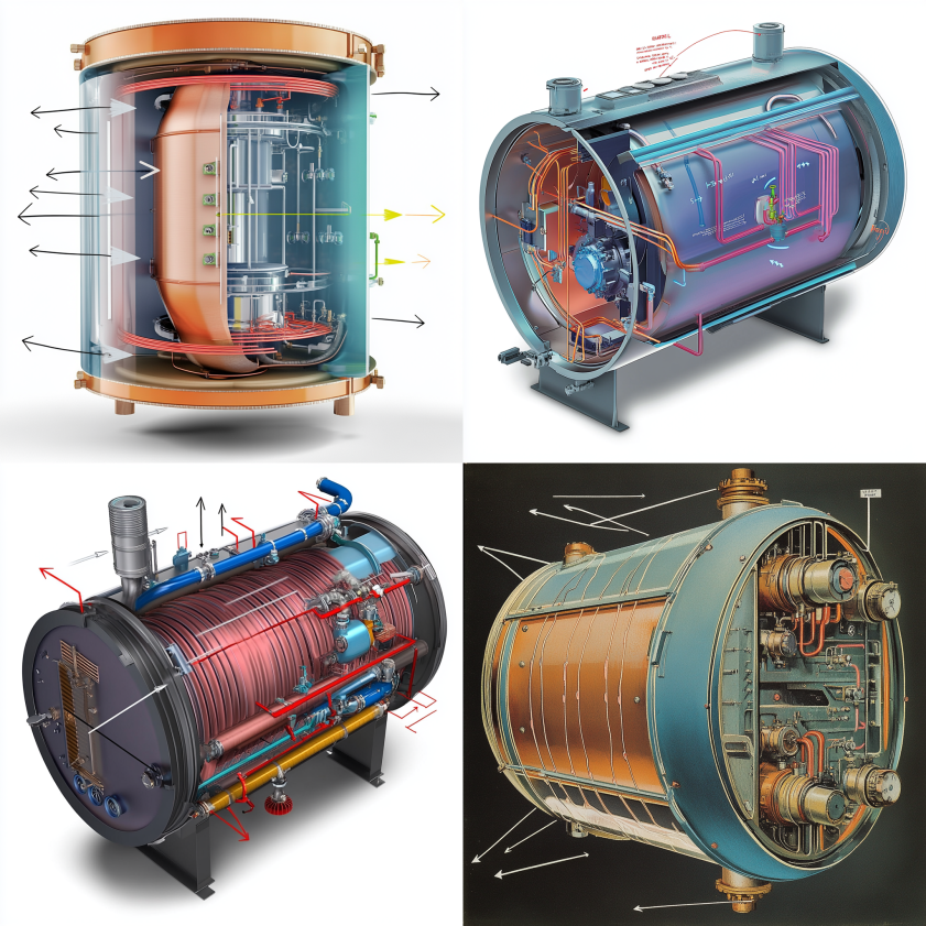 Diagram of a boiler expansion vessel with labeled diaphragm, water and air chambers, showing pressure changes during water heating and cooling.