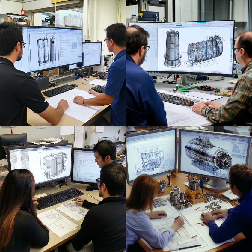 Engineers analyzing pressure vessel specifications and environmental conditions in a design setting
