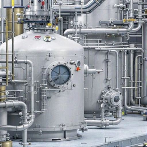 Stainless steel pressure vessel with gauges and piping in an industrial facility.