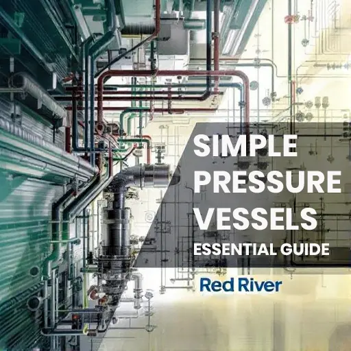 Technical illustration of an industrial piping system with the text “Simple Pressure Vessels Essential Guide” and the Red River logo.