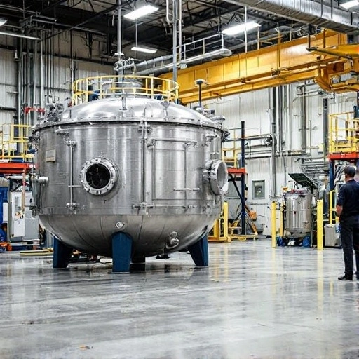Stainless steel industrial pressure vessel in a factory with a person standing nearby for scale.