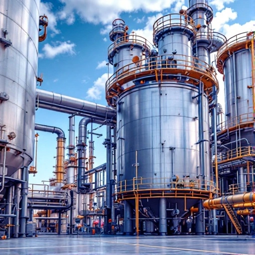 Industrial pressure vessels and steel piping system at a modern processing plant under blue sky