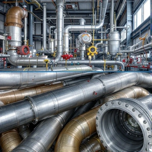 Industrial piping and pressure vessel system with valves and gauges in a processing plant