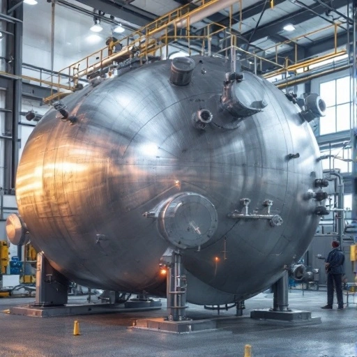 Industrial Type 3 pressure vessel with multiple attachments in a factory setting.