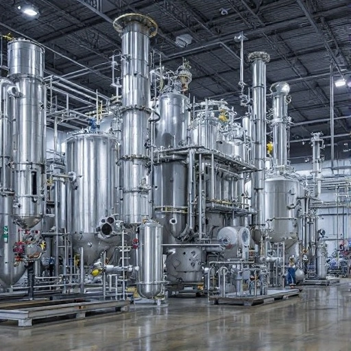 Stainless steel pressure vessels and piping inside a modern industrial manufacturing plant.