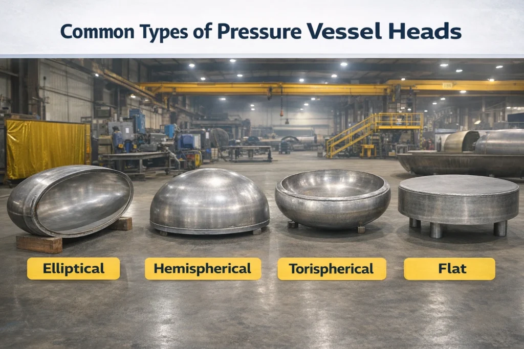 ommon Types of Pressure Vessel Heads – elliptical, hemispherical, torispherical, and flat pressure vessel heads in fabrication shop