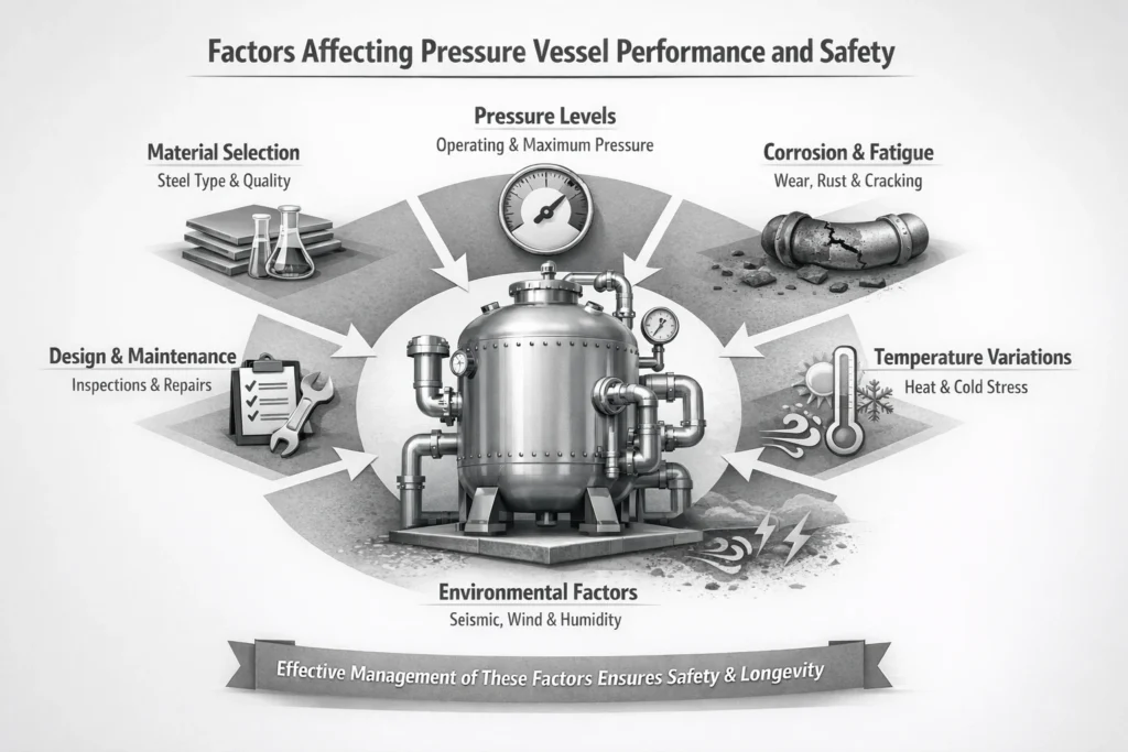 infographic showing factors like material selection, pressure levels, corrosion, temperature, and environmental conditions affecting the performance and longevity of pressure vessels.