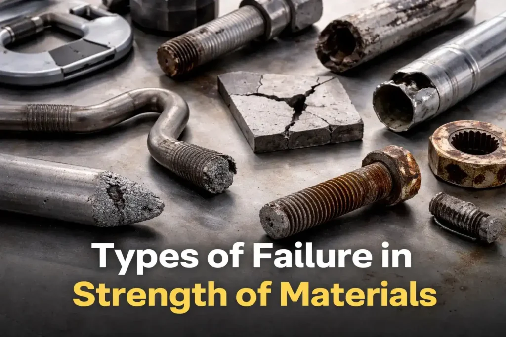 Types of material failures in engineering: tensile, shear, fatigue