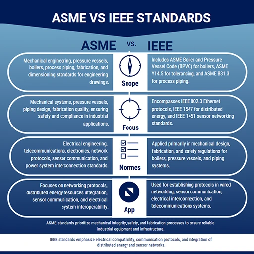 Infographic comparing ASME and IEEE standards across four areas: Scope, Focus, Norms, and Application. ASME covers mechanical systems, pressure vessels, and piping; IEEE covers electrical and networking standards for sensor and energy systems.