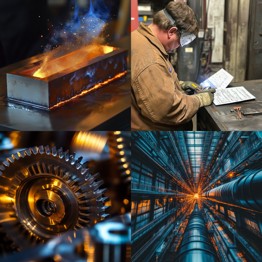 Diagram illustrating ASME standards in steel fabrication: material selection, welding, testing, and certification for pressure vessels, pipelines, and power plant components.
