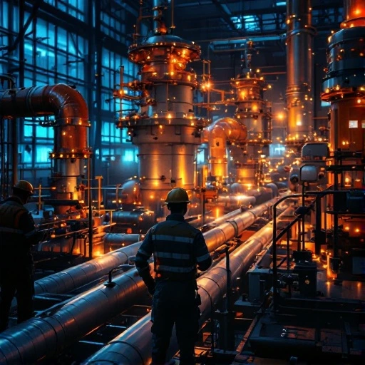 Two engineers inspect a brightly lit industrial pressure vessel system with pipes and tanks at night.