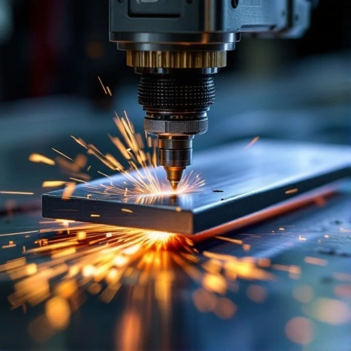 Laser cutting metal plate with sparks flying from the cutting point, highlighting the precision and technology of the process.