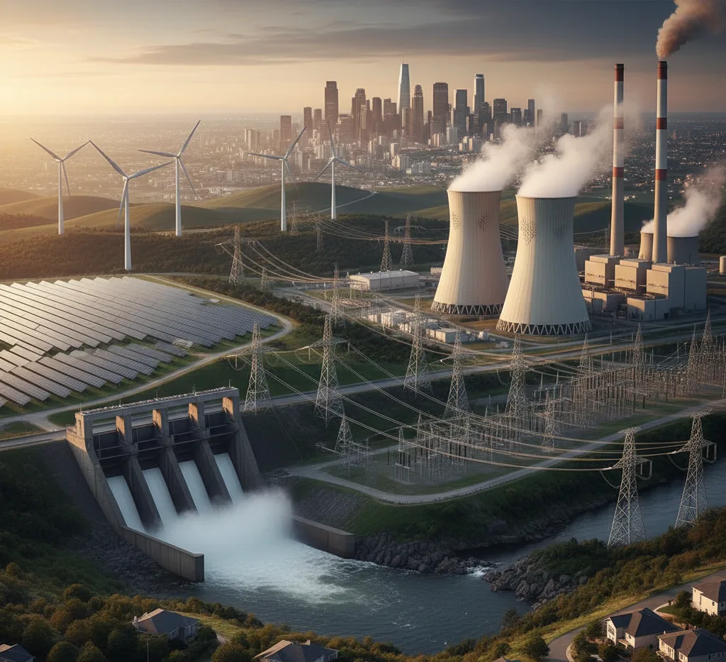 Diagram of electricity generation methods including solar, wind, hydropower, nuclear, and fossil fuel power plants.