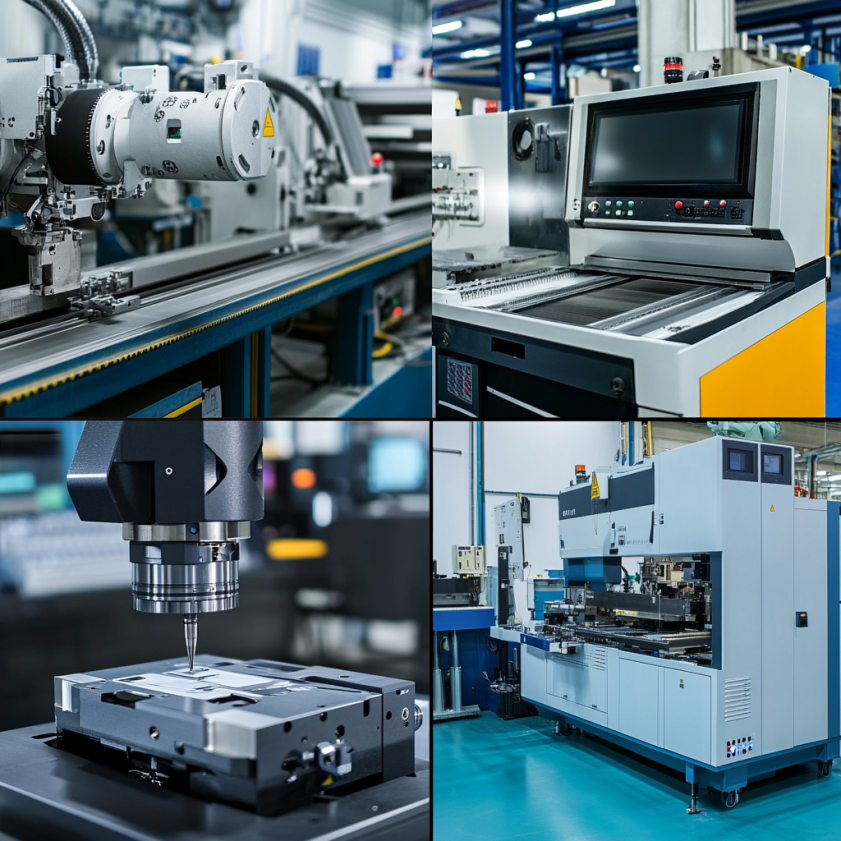 Illustration of diverse manufacturing processes including machining, casting, 3D printing, and assembly lines, with modern tools like robots, CNC machines, and automation systems