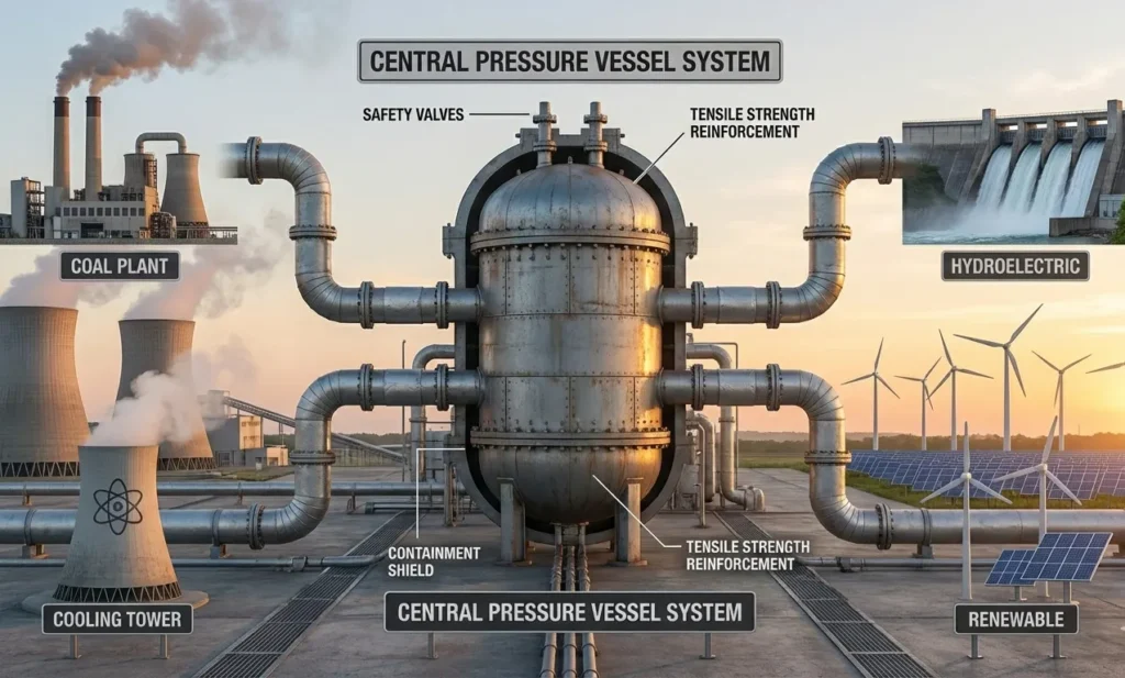 Diagram of thermal, hydroelectric, nuclear, and renewable power plants connected to a central pressure vessel system, highlighting safety and tensile strength requirements.