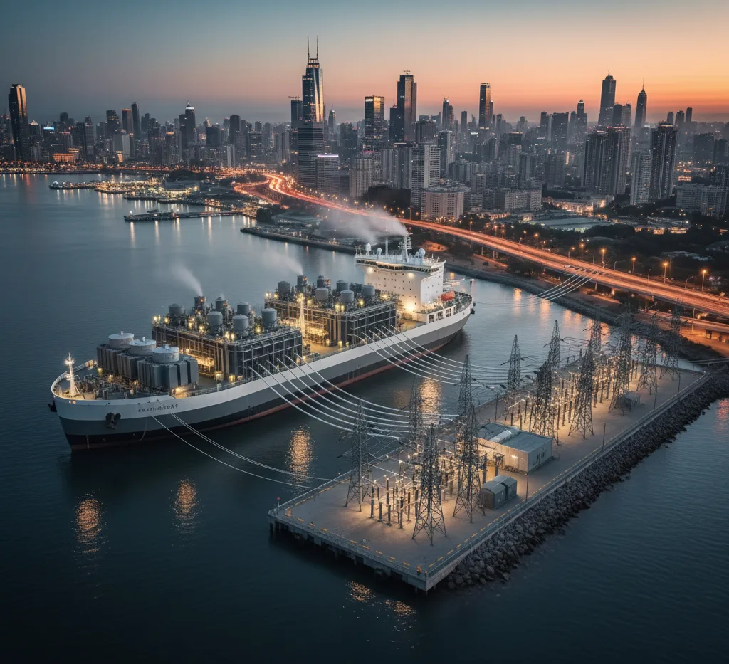 A floating power ship docked near shore supplying electricity to a coastal region.