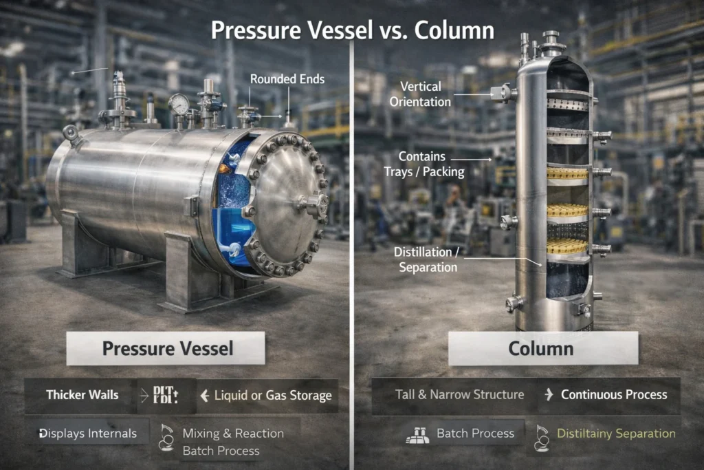 Diagram comparing a pressure vessel and a distillation column