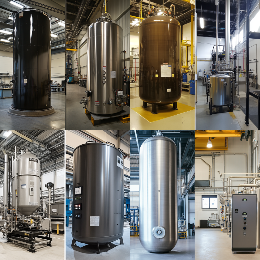 Large industrial pressure vessel and a smaller pressure tank shown in contrasting environments