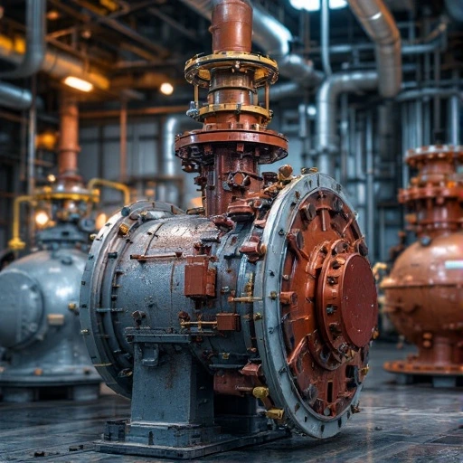 Industrial pressure vessel with rust-red flanges and gray cylindrical body in a refinery setting, surrounded by pipes and processing equipment.