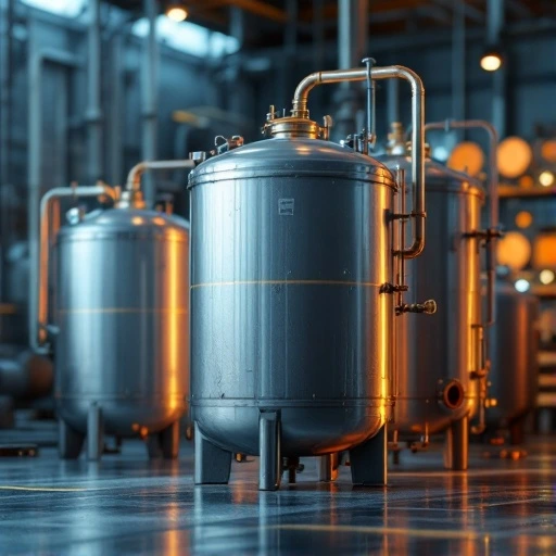 Large metal industrial pressure vessels with pipes and valves inside a manufacturing plant.