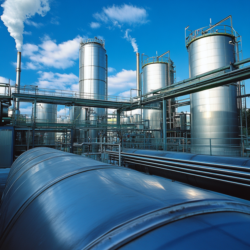 Diagram showing pressure vessels used in industrial settings like refineries, chemical plants, and food processing facilities for storage and reaction under pressure.