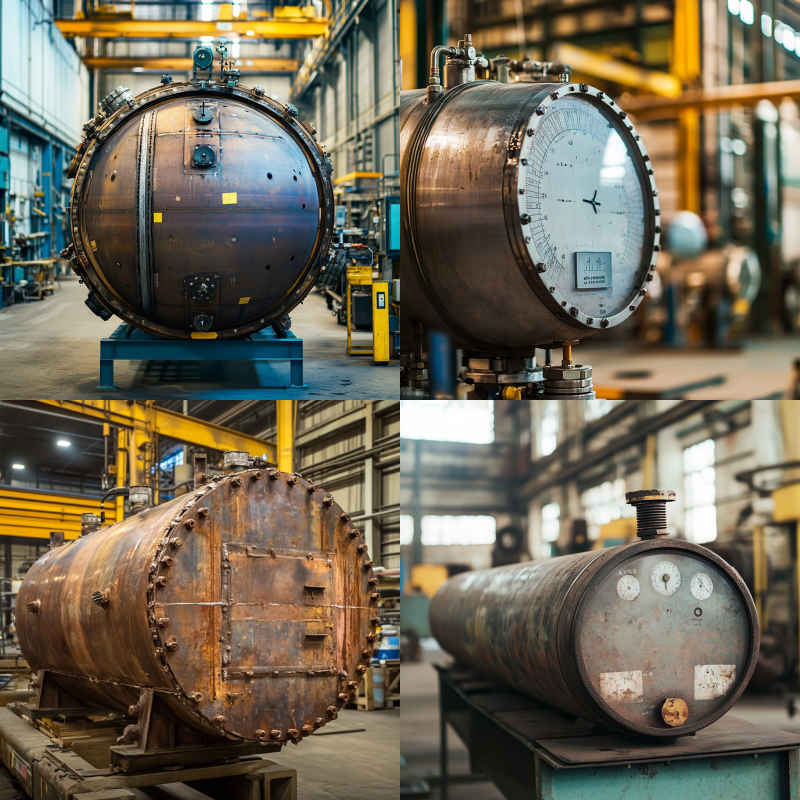 Diagram showing factors influencing pressure vessel thickness, including material, pressure, corrosion, and safety codes, with an example formula for calculating thickness.