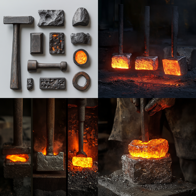 Diagram illustrating hot, cold, and warm forging processes used to shape metal and enhance its strength and durability.
