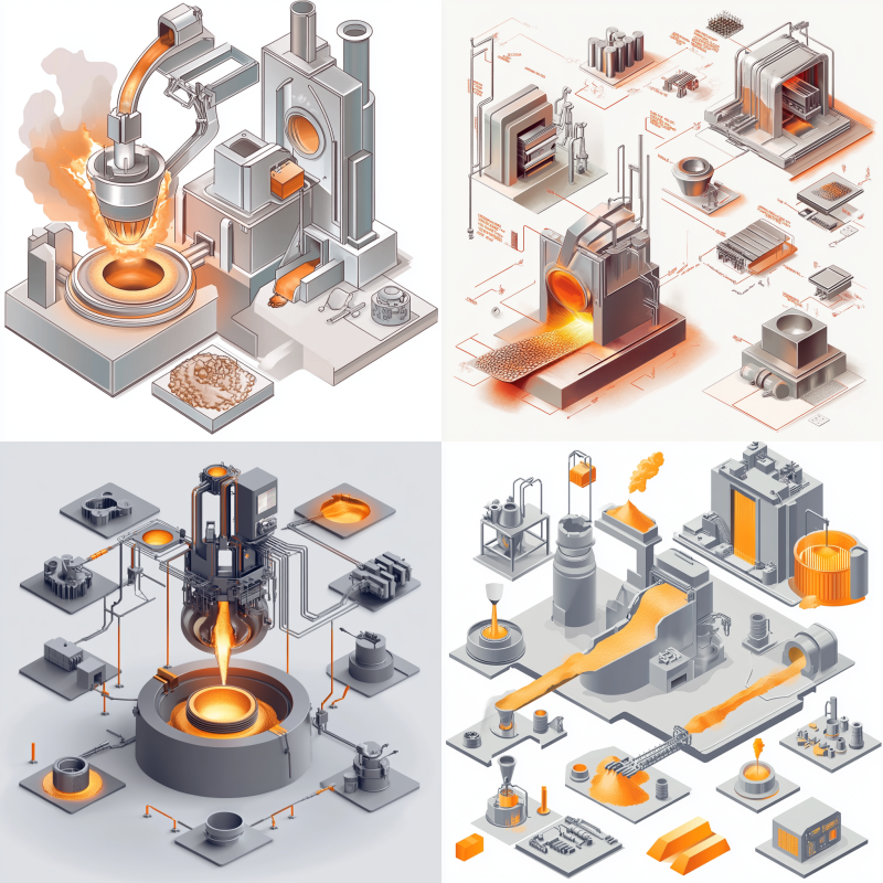 Diagram illustrating the casting process, including sand casting and die casting methods for producing complex metal parts.