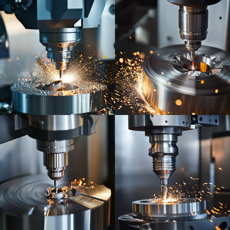Diagram illustrating machining processes: turning, milling, and drilling, for precision cutting and shaping of metal parts.