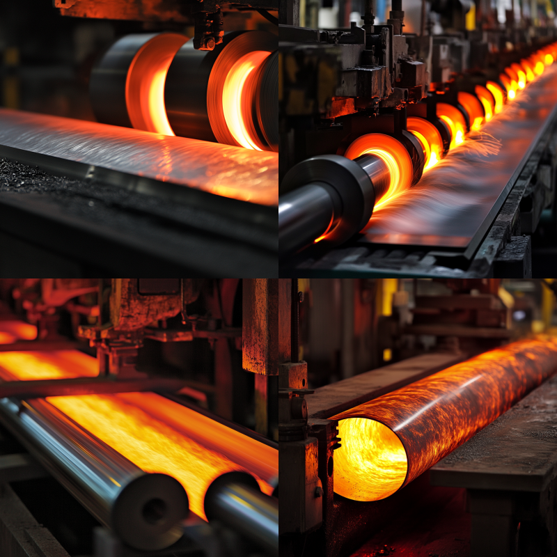 Diagram illustrating hot and cold rolling processes to reduce metal thickness and produce sheet metal, plates, and structural beams.