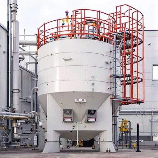 Unfired pressure vessel with red spiral staircase and industrial piping in a facility setting.