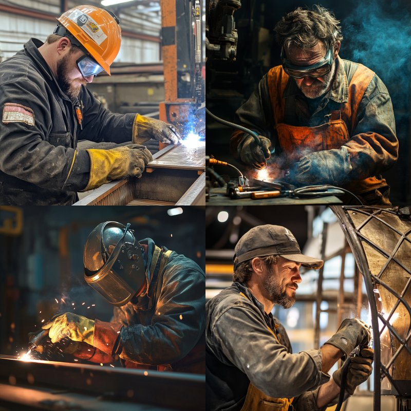 Worker fabricating steel components in an industrial facility