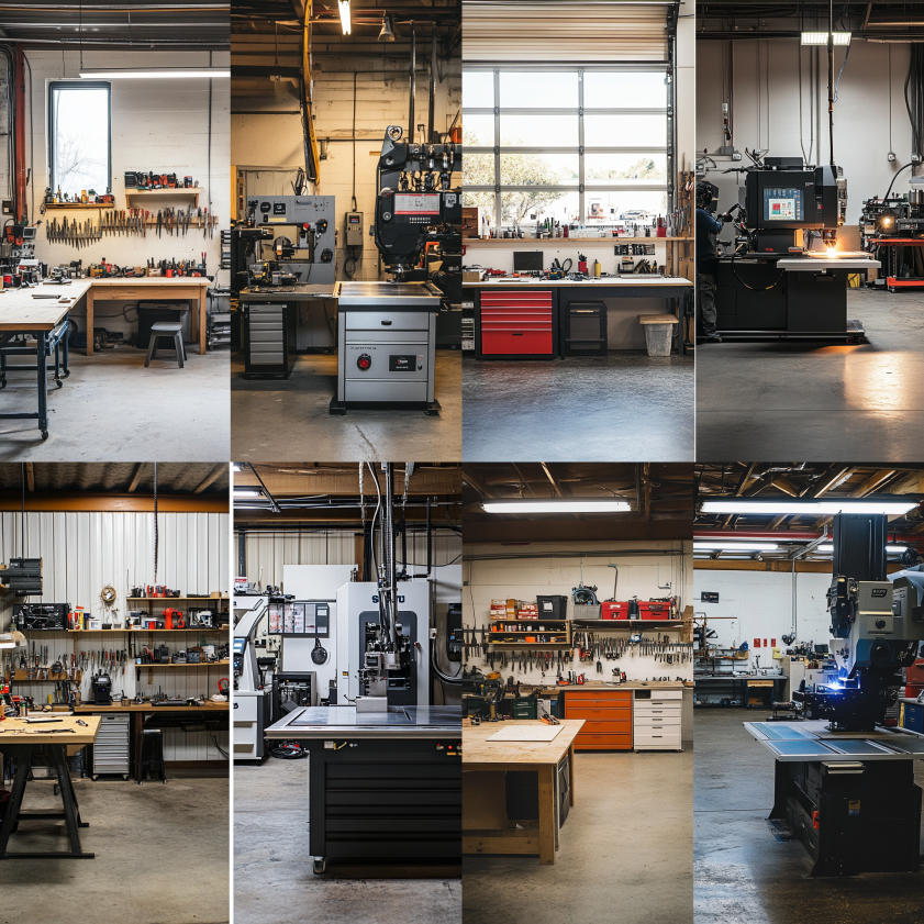 Side-by-side environments showing a DIY maker workspace and a professional metal fabrication shop