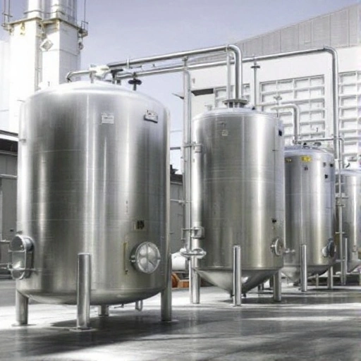 Stainless steel pressure vessels in an industrial facility with piping and concrete flooring