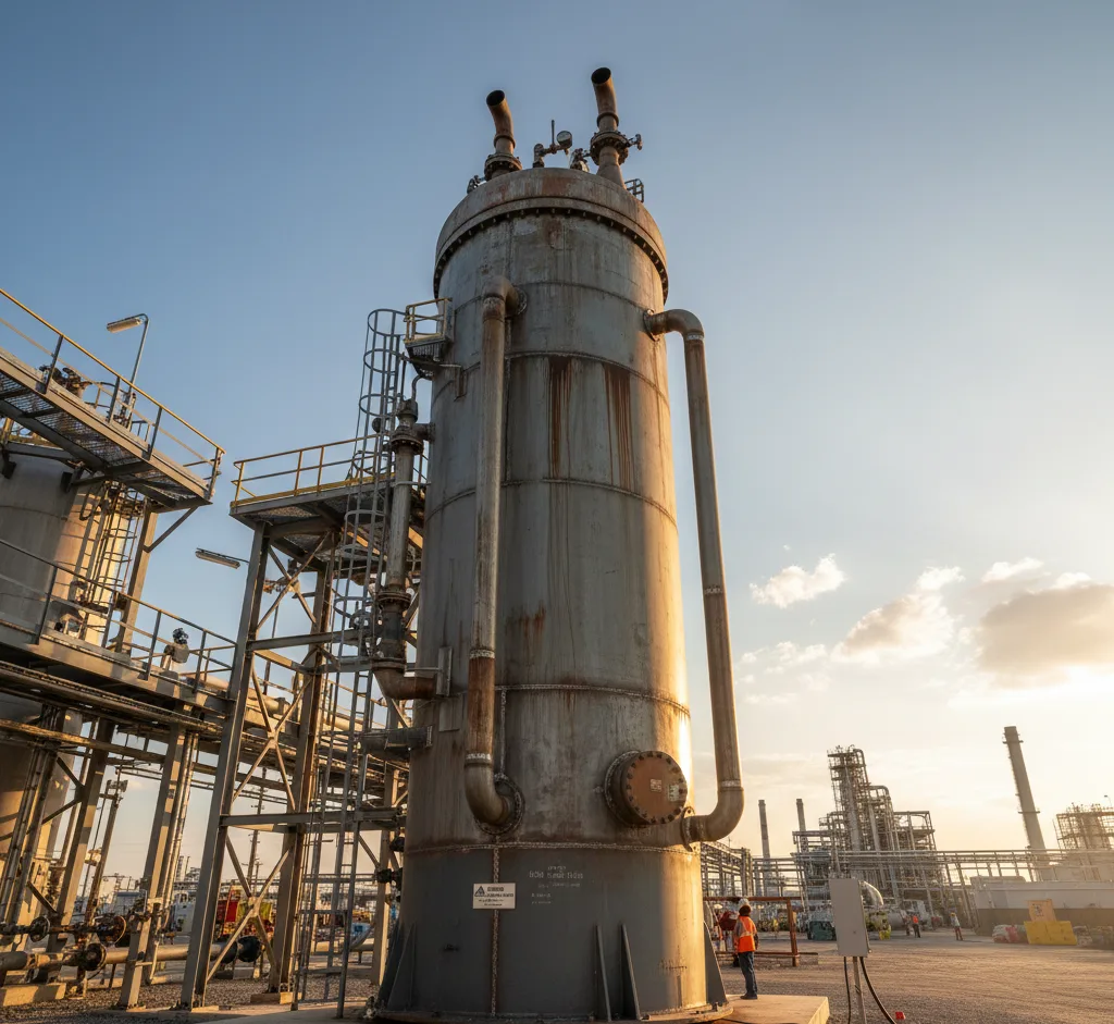 Vertical column pressure vessel designed for high-pressure gas and liquid storage, featuring a tall cylindrical steel structure with safety valves used in industrial processing plants.