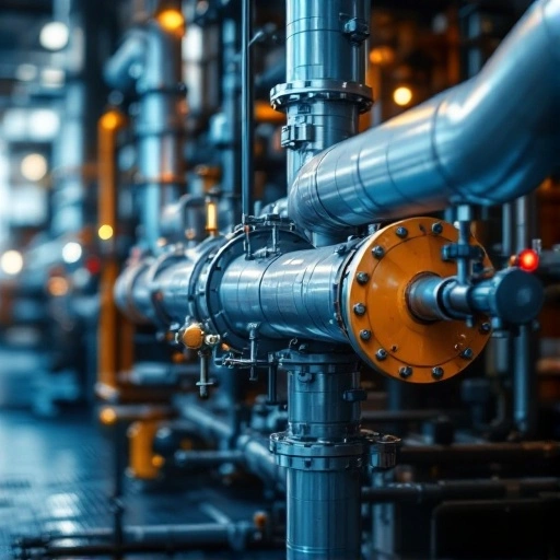 Industrial pressure vessel piping system with stainless steel pipes, valves, and orange flange in a modern facility.
