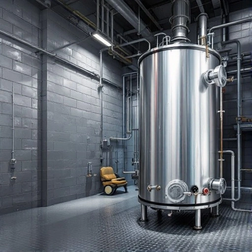 A stainless steel industrial boiler is in a mechanical room with metal pipes and a chair.