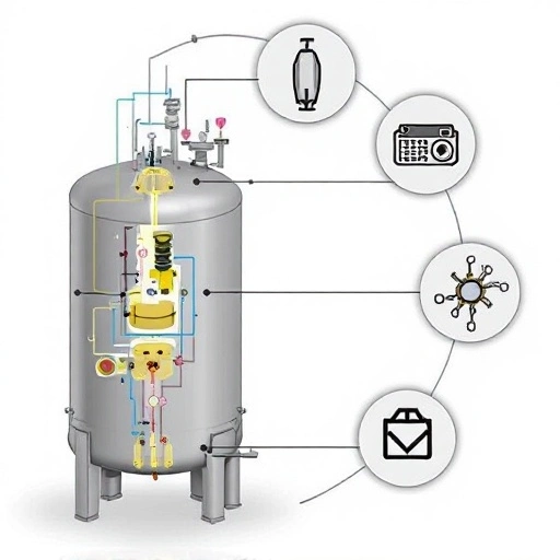 Diagram showing a pressure vessel with connected components like valves, gauges, and control systems.