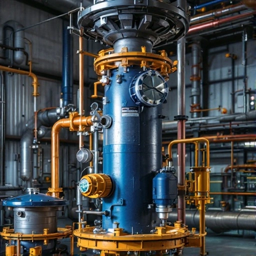 An industrial pressure vessel system with complex piping and equipment is in a processing plant.