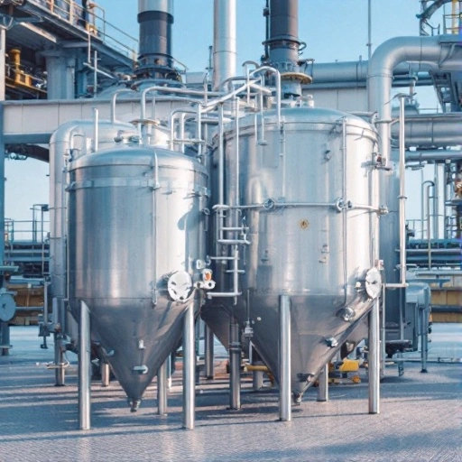 Stainless steel process vessels with conical bottoms in an outdoor industrial facility.
