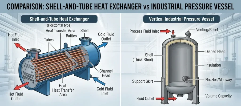 Difference between a shell-and-tube heat exchanger and an industrial pressure vessel
