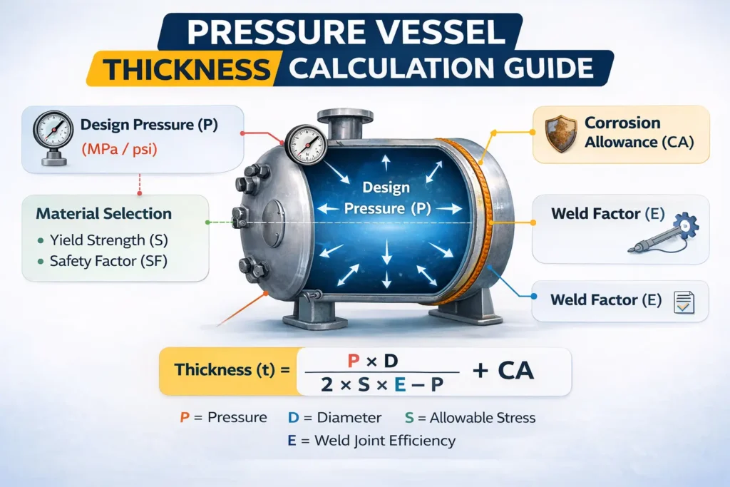 Pressure vessel thickness calculation with factors like design pressure, material selection, and corrosion allowance for safety and durability.