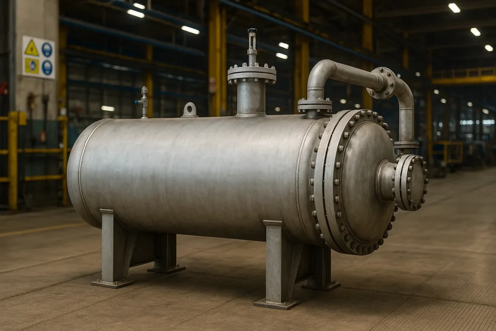 Horizontal industrial pressure vessel in a factory, illustrating ASME Section VIII Pressure Vessel Standards for Divisions 1, 2, and 3.