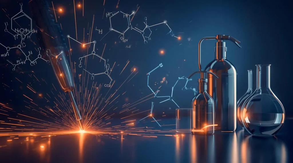 Industrial-themed illustration showing acetylene applications including welding flames, gas cylinders, and scientific elements.