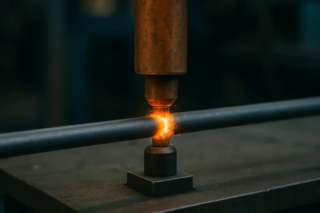 Close-up of an industrial pressure welding process joining two metal rods with glowing weld seam