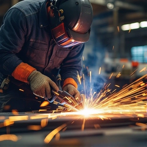 Sheet metal worker welding with sparks flying in an industrial workshop.